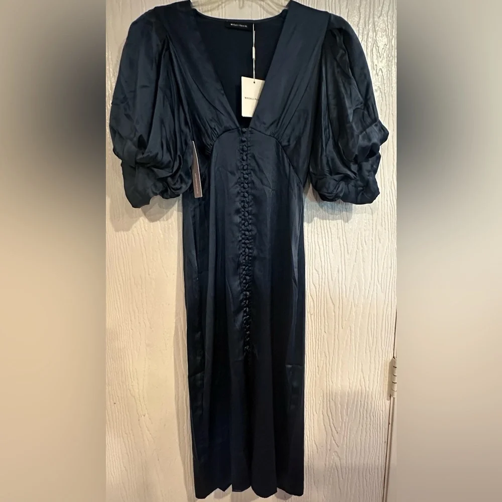 NWT MAGALI PASCAL Navy Baron long dress Puff-Sleeved Midi Dress silk Size M - Picture 4 of 11